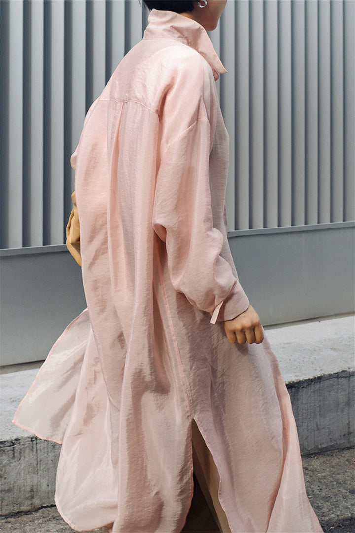 Damen Langer Satin‑Effekt Duster mit Stehkragen, Oversize‑Schnitt und tiefen Seitenschlitzen Drune