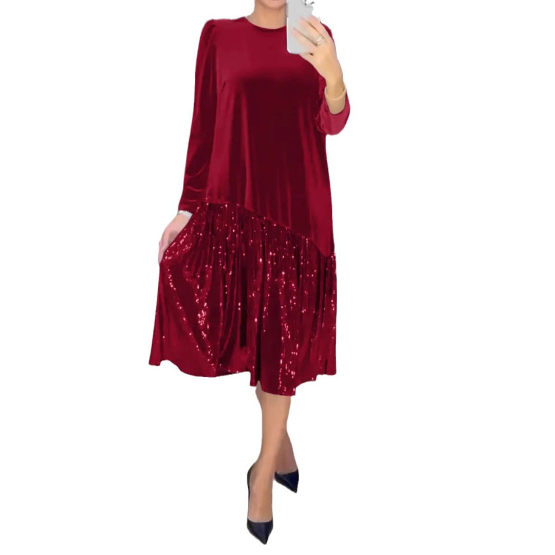 Damen nan Samt-Midikleid mit plissiertem Paillettenrock, lockerem A-Linien-Schnitt und Rundhalsausschnitt Drune