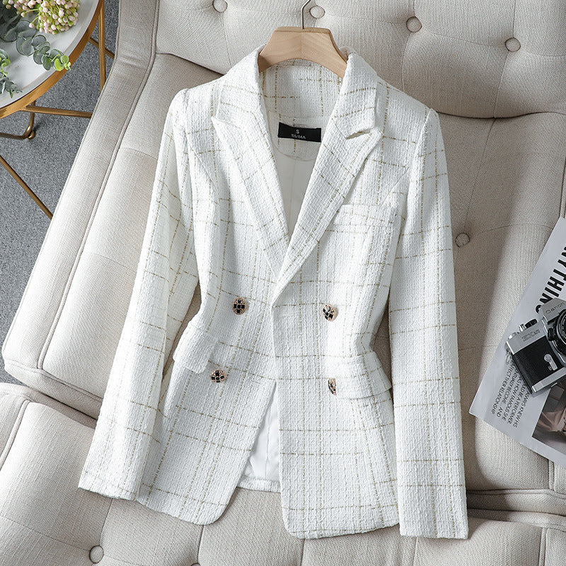 Drune | Blazer Figurschneider Tweed Textur Doppelreiher Karomuster
