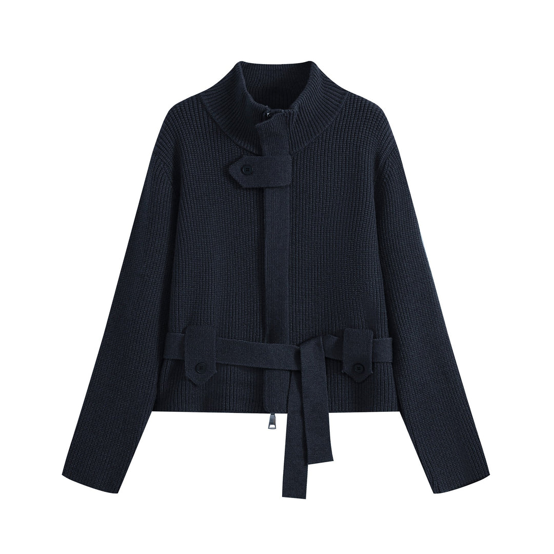 Damen Kurze Strickjacke im Blousonstil mit Stehkragen und Bindegürtel Drune