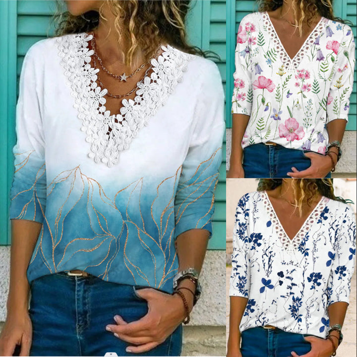Damenbluse mit V-Ausschnitt und Spitzenbesatz, 3/4-Ärmel, Blumenmuster und lockerer Schnitt Drune