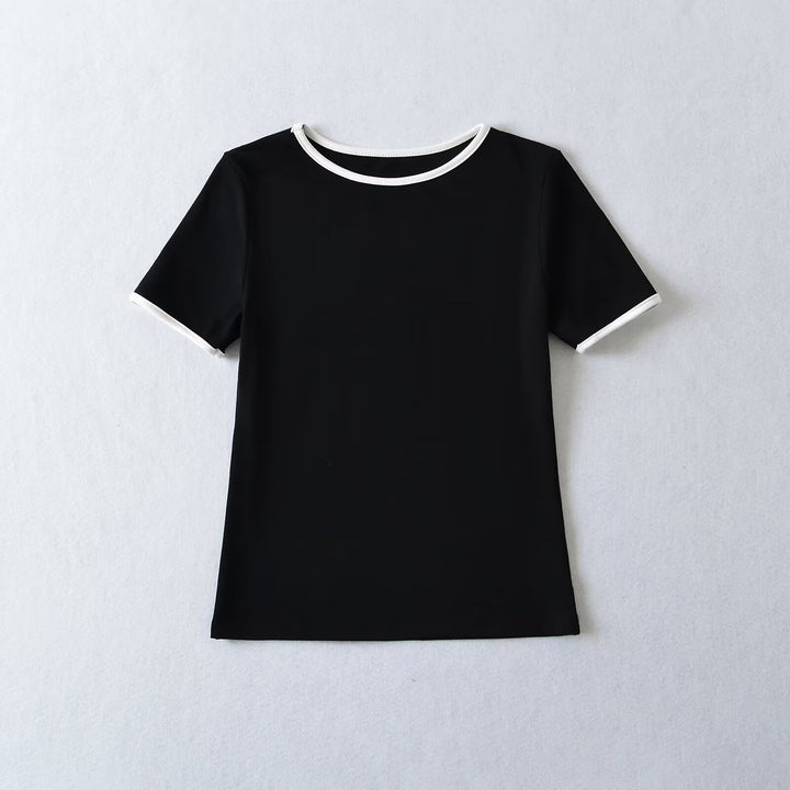 Damen klassisches T-Shirt mit kontrastierenden Ärmelabschlüssen und hochwertiger Baumwolle Drune