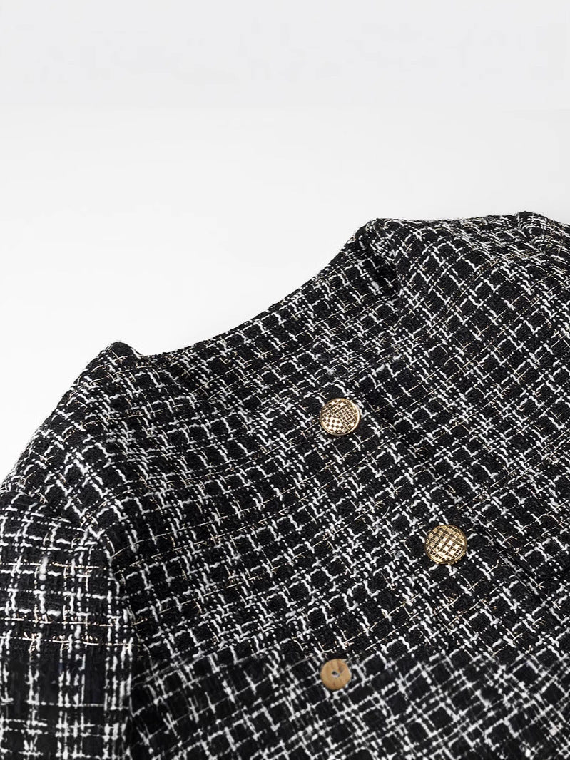 Damen elegante Tweed-Jacke mit goldenen Knöpfen Drune