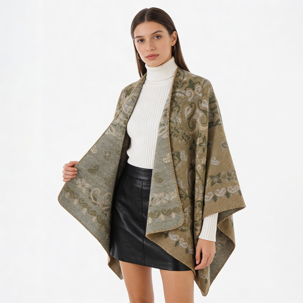 Damen Reversibler Ornamentaler Capeponcho mit feiner Jacquardstruktur Drune