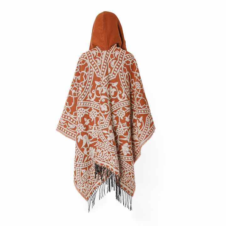 Damen Kapuzen‑Capeponcho aus Wollmix mit Jacquardmuster, Fransen und Oversize‑Fall Drune