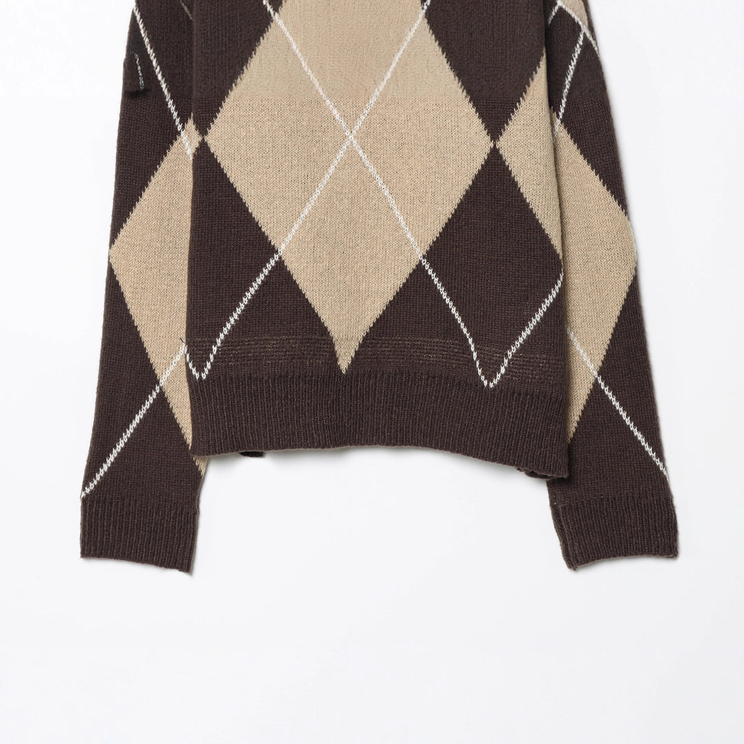 Damen nan Rollkragenpullover mit Argyle‑Struktur, überlanger Ripp‑Kragen und lässiger Silhouette Drune
