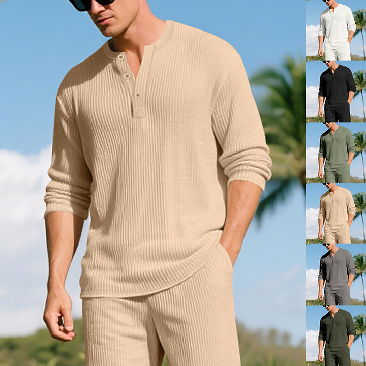 Herren nan geripptes Freizeit-Set mit Henley-Oberteil und elastischer Bundhose Drune