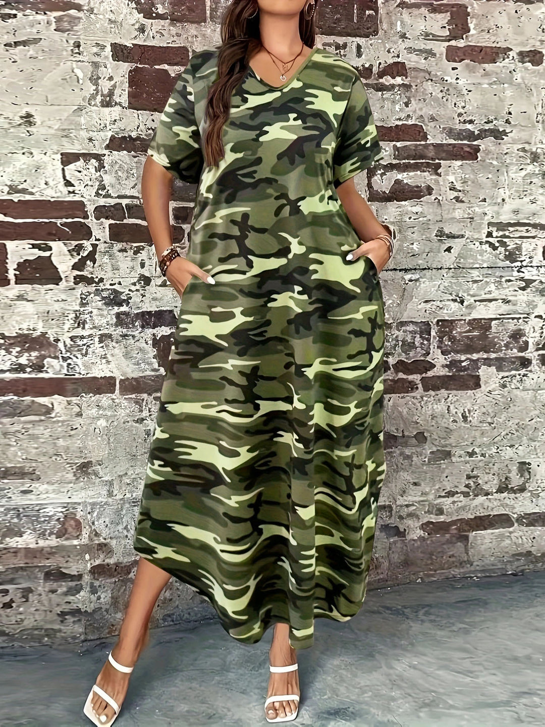 Damen Maxikleid mit lässigem Camouflage-Design und praktischen Taschen Drune