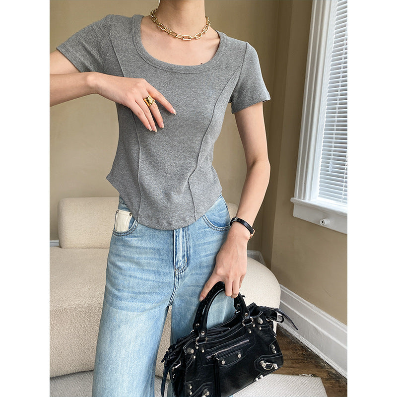 Damen figurbetontes Ripp-T-Shirt mit Rundhalsausschnitt Drune