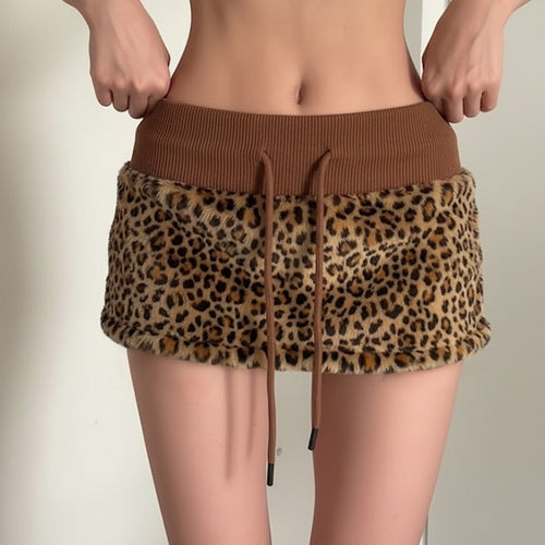 Damen trendiger Kuschelrock mit Leopardendruck und elastischem Bund Drune