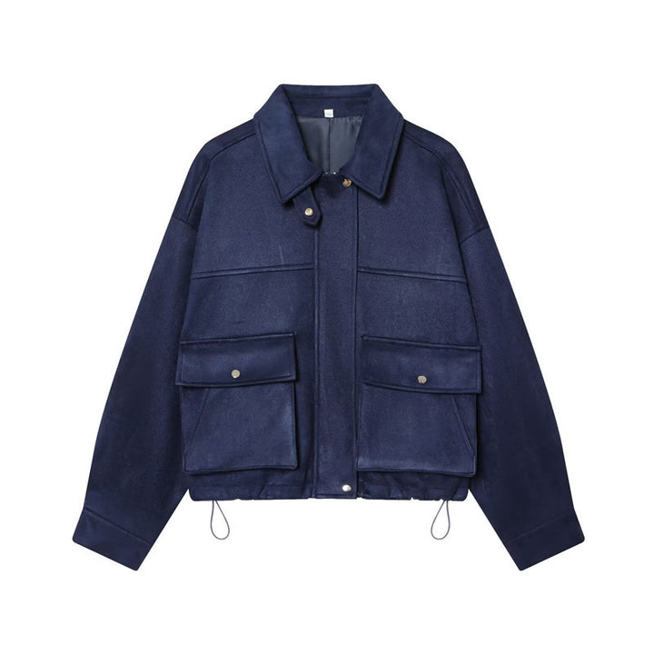 Damen Kurz geschnittene Boxy‑Veloursblousonjacke mit Pattentaschen und verdeckter Druckknopfleiste Drune