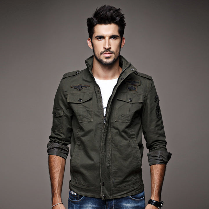 Herren Military-Canvas Fieldjacke mit Stehkragen Schulterklappen und Multifunktions-Taschen Drune