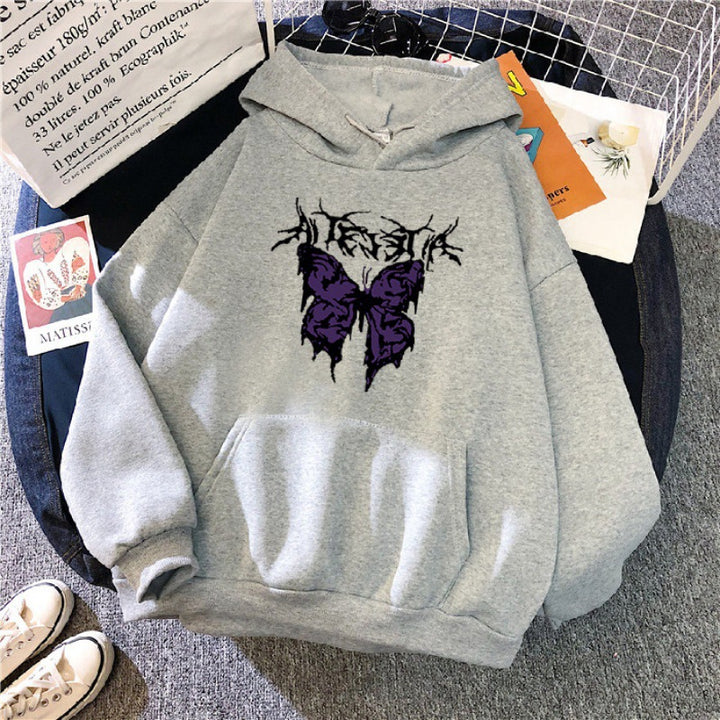 Damen nan Oversize-Kapuzenpullover mit gothischer Schmetterlings-Illustration und Kängurutasche Drune