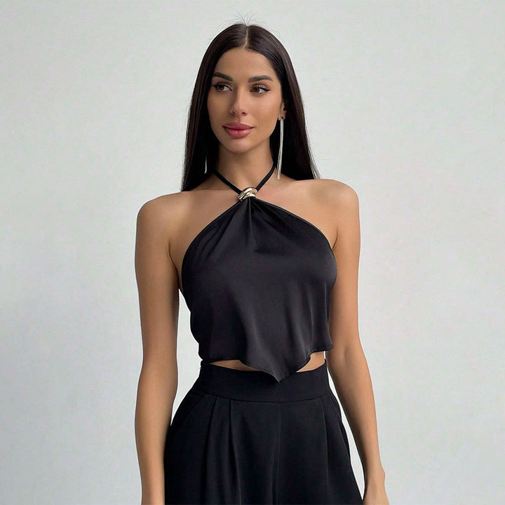 Damen elegantes Haltertop mit glänzendem Stoff und dekorativem Knoten Drune