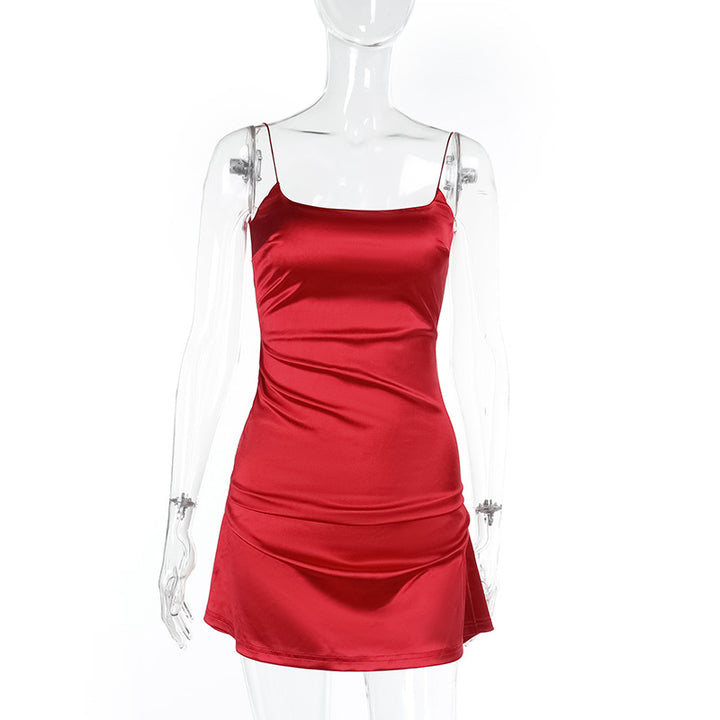 Damen elegantes Minikleid mit schulterfreien Spaghettiträgern und raffinierten Rüschendetails Drune