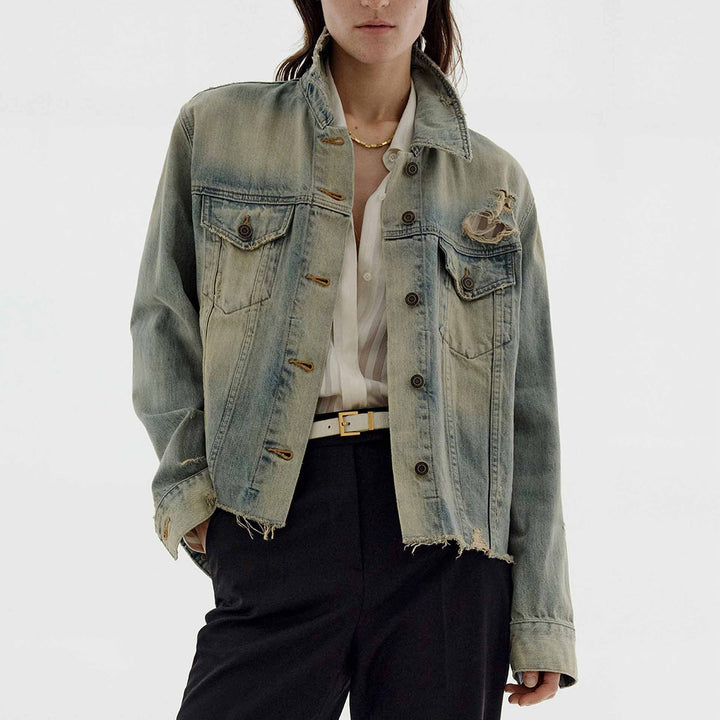 Damen nan oversized Destroyed-Denimjacke mit rohem Saum, aufgesetzten Brusttaschen und vintage Waschung Drune