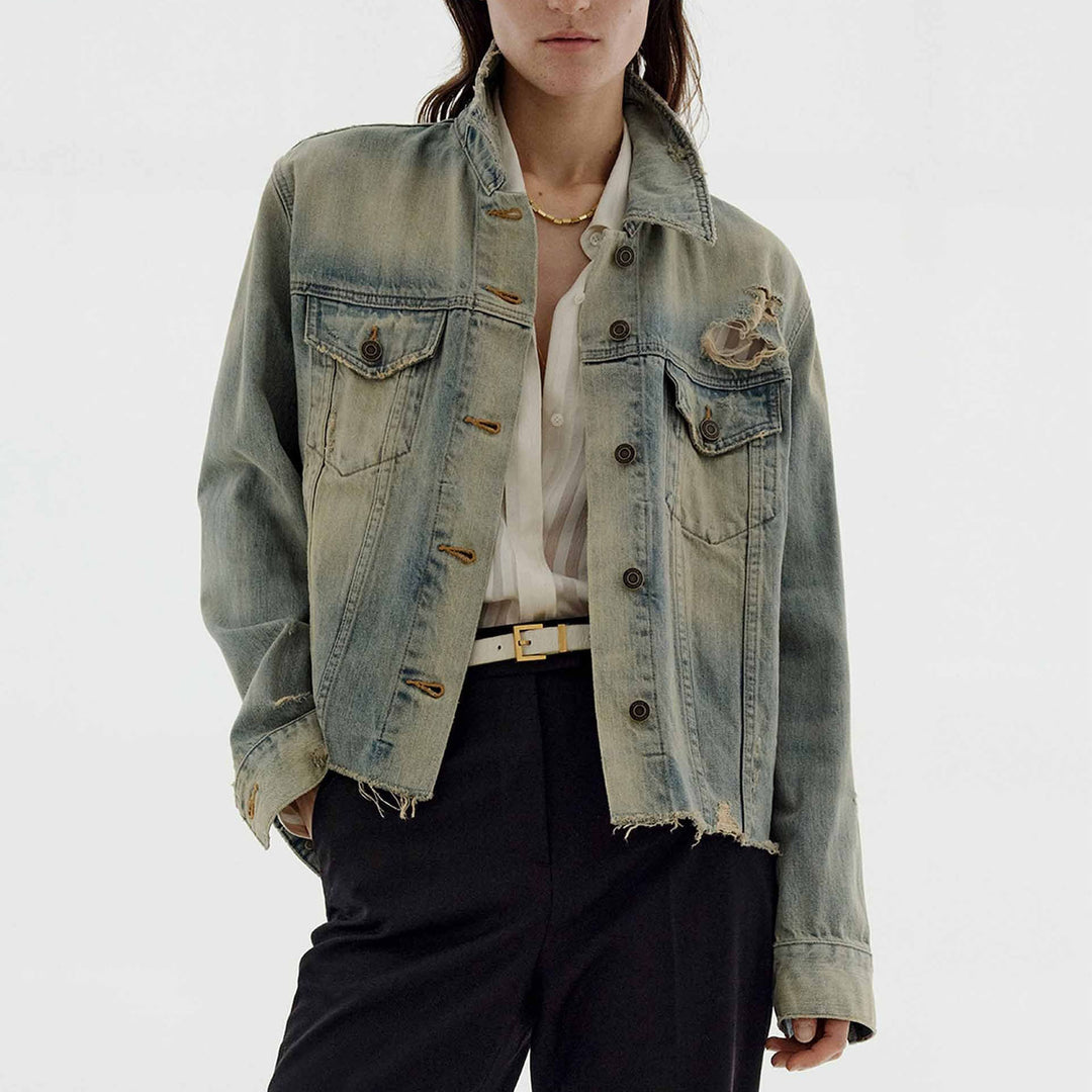 Damen modische Denimjacke im Vintage-Stil mit lässigem Schnitt und fransigen Details Drune