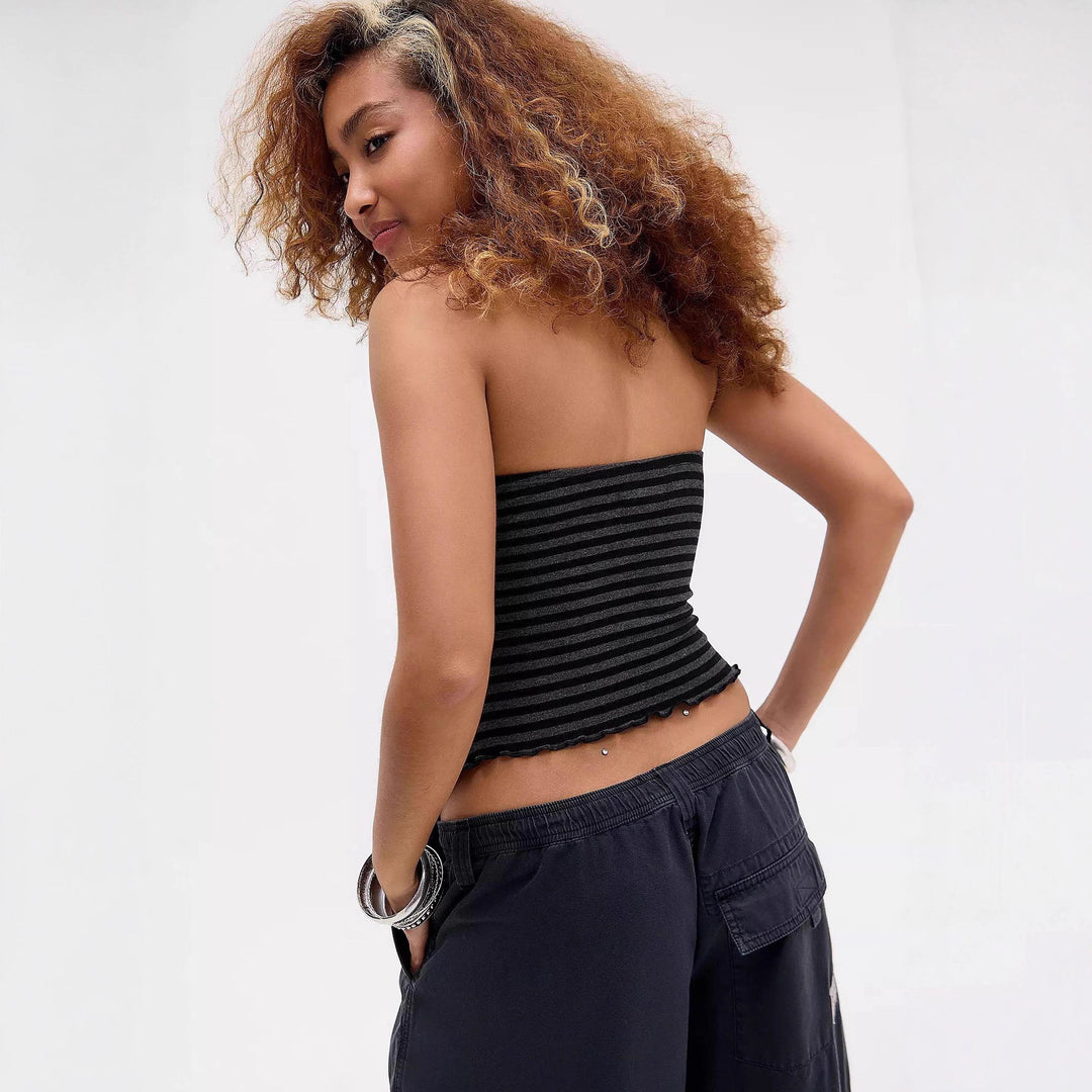 Damen gestreiftes Top mit Rüschendetails und modischem Bindeband Drune