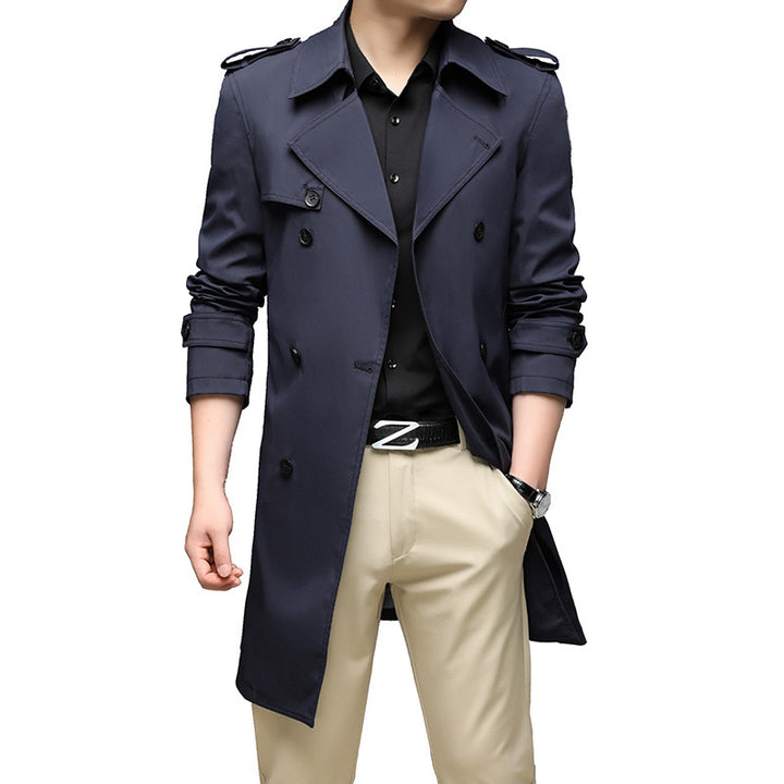 Herren Moderner Slim-Fit Trenchcoat mit Epauletten und doppelreihiger Knopfleiste Drune