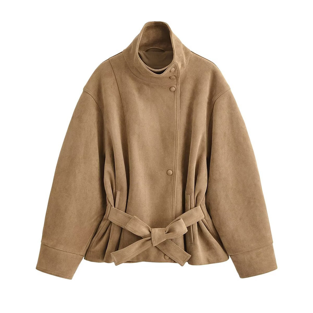 Damen Kurzjacke in Wildleder-Optik mit Stehkragen und Bindegürtel Drune