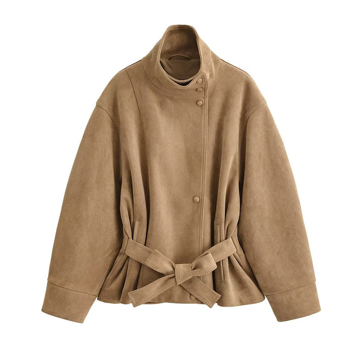Damen Kurzjacke in Wildleder-Optik mit Stehkragen und Bindegürtel Drune