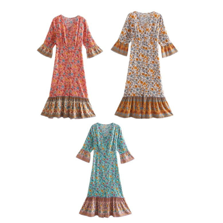 Damen Boho-Maxikleid mit V-Ausschnitt, taillierten Abnähern und Volantärmeln Drune