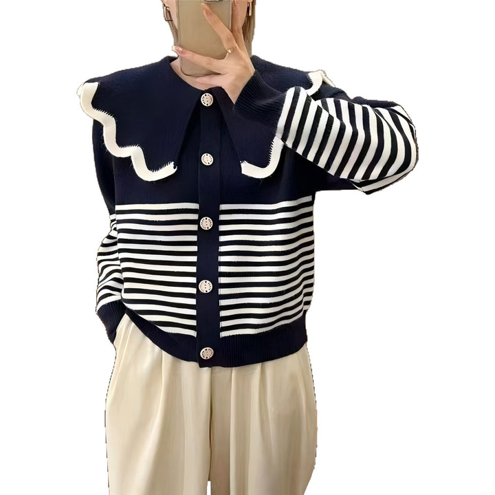 Damen Strickjacke mit großem Rüschenkragen und kontrastierenden Streifen Drune