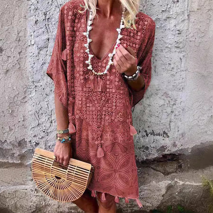 Damen Boho-Chic Kaftan mit V-Ausschnitt und Tassel-Details Drune