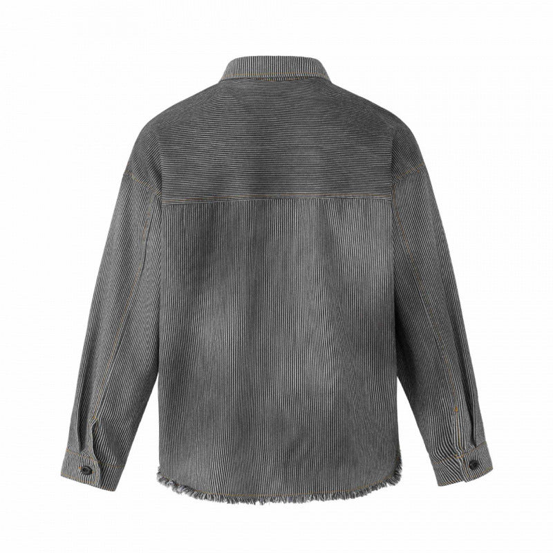 Unisex Kastenförmige Overshirtjacke aus Feincord mit Used‑Effekt, Fransen und Knopfleiste Drune