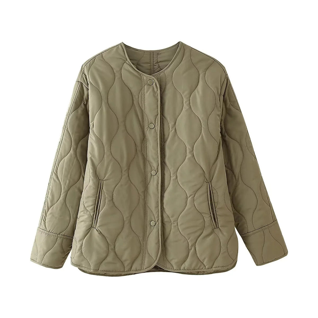 Damen nan leichte wattierte Liner-Jacke mit rundem Ausschnitt, organischer Wellensteppung und verdeckter Druckknopfleiste Drune