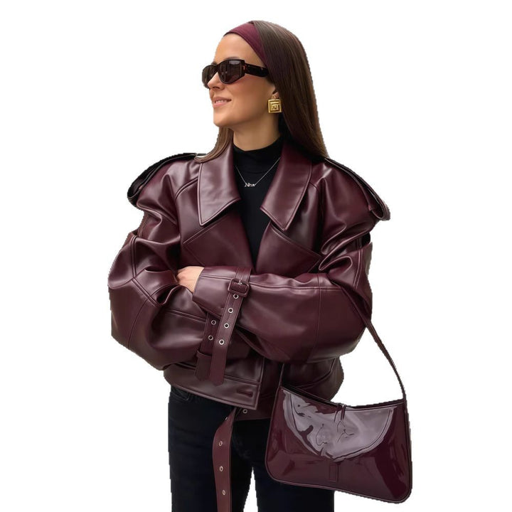 Damen oversized Kunstlederjacke im modernen Biker-Stil mit dekorativen Details Drune