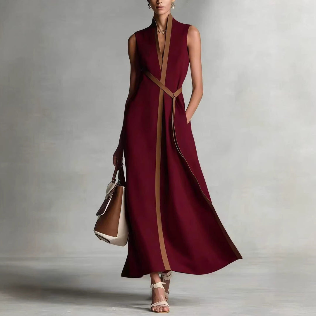 Damen elegantes Maxikleid mit Taillenschnitt und schmalem Gürtel Drune