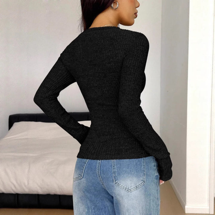 Damen Langarmshirt mit strukturiertem Rippdesign und eleganten Knopfdetails Drune