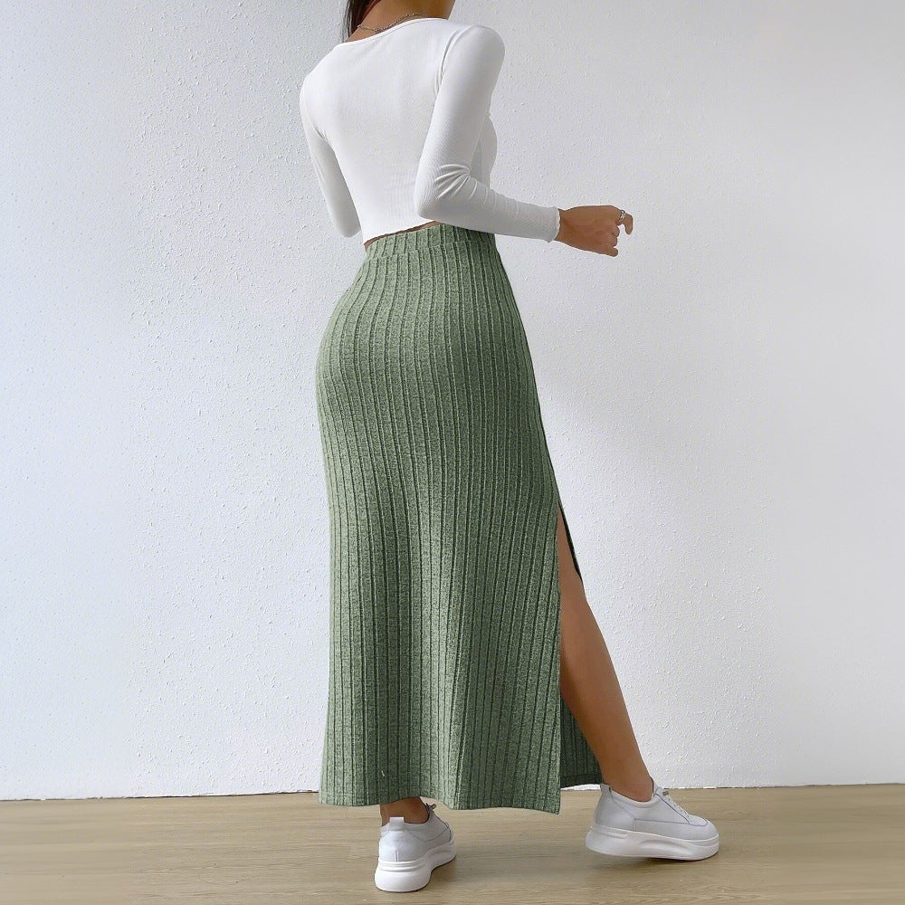 Damen gerippter Midirock mit hohem Bund und figurumspielender A-Linie Drune