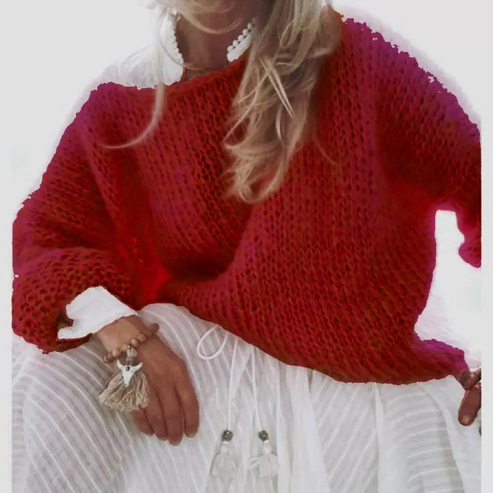 Damen Kurzgeschnitteter flauschiger Grobstrickpullover mit überschnittener Schulter Drune