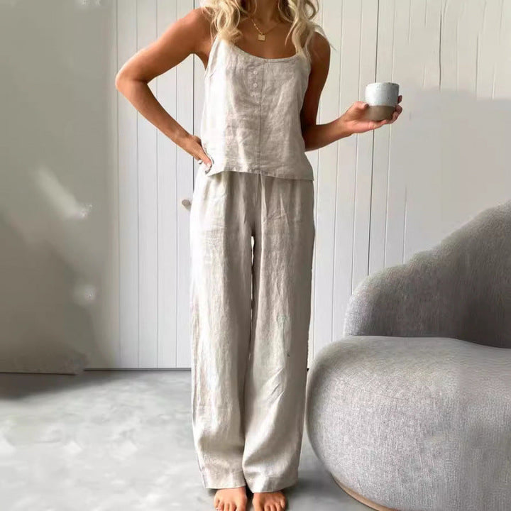 Damen lässiges Leinen-Set mit trägerloser Bluse und weiten Hosen Drune