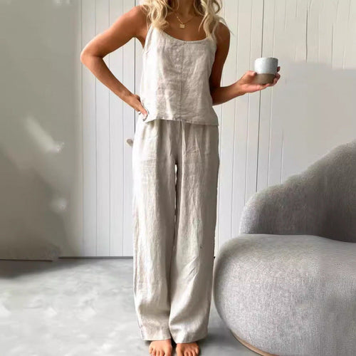 Damen lässiges Leinen-Set mit trägerloser Bluse und weiten Hosen Drune