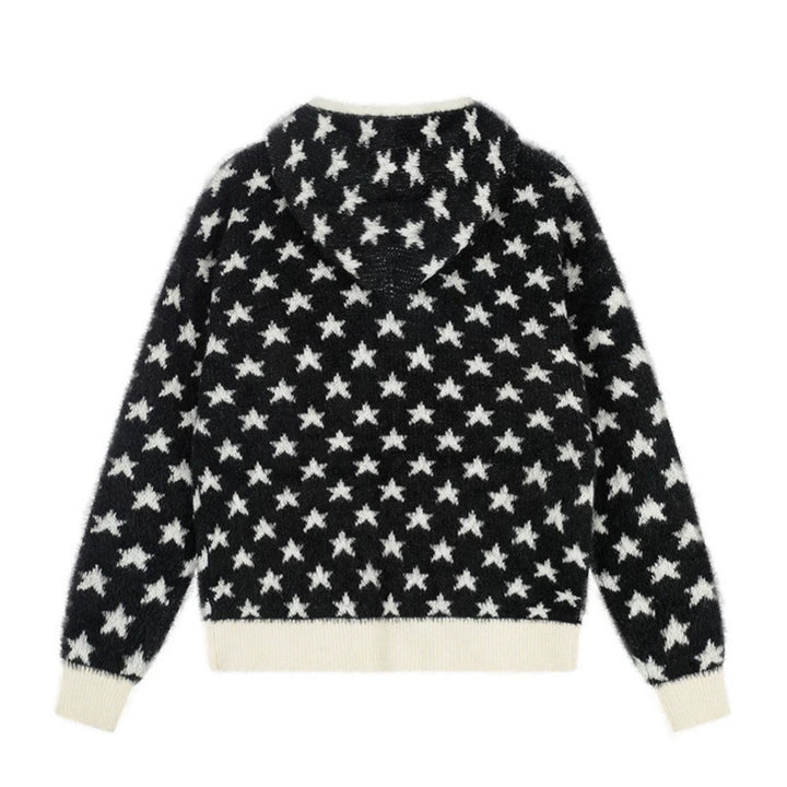 Damen Flauschige Strick-Zipjacke mit Allover-Sternmuster, Kängurutaschen und Rippbündchen Drune