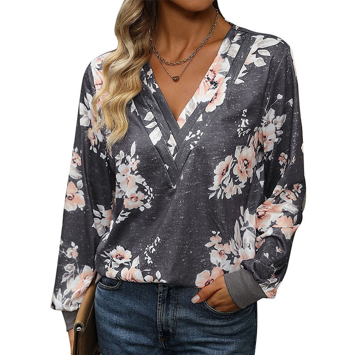 Damen Lässiges V‑Neck Sweatshirt mit floraler Aquarell-Print und gerippten Bündchen Drune