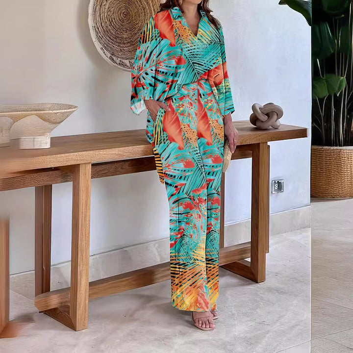 Damen Gemustertes Kimono-Lounge-Set mit weitem Palazzohose aus leichtem Viskose-Mix Drune