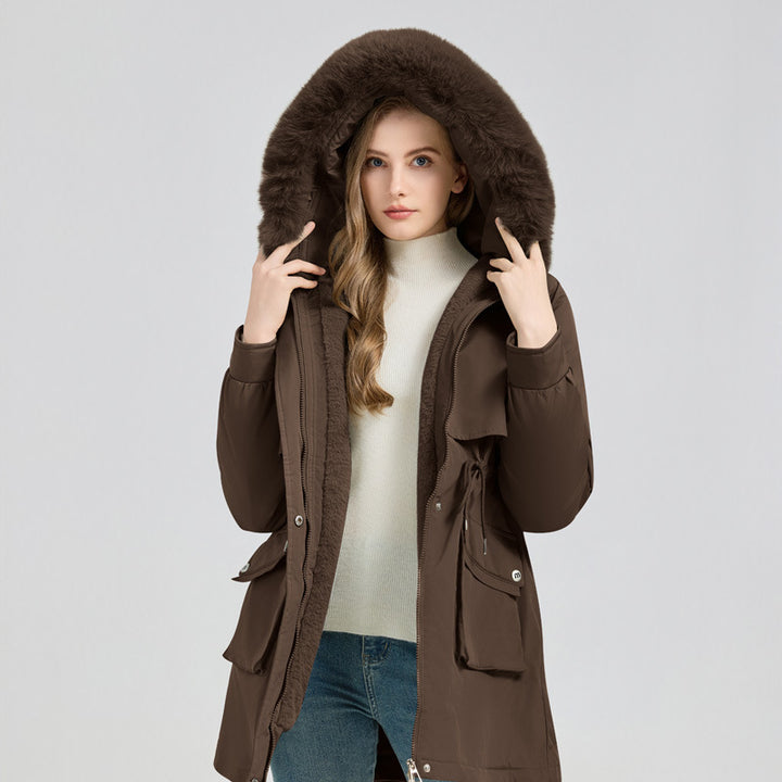 Damen Modische Pufferjacke mit abnehmbarem Kunstpelzkragen und funktionalen Taschen Drune