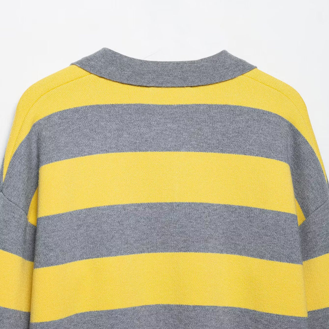 Damen Oversize Streifen-Rugby-Pullover mit offenem Polokragen und V-Ausschnitt Drune