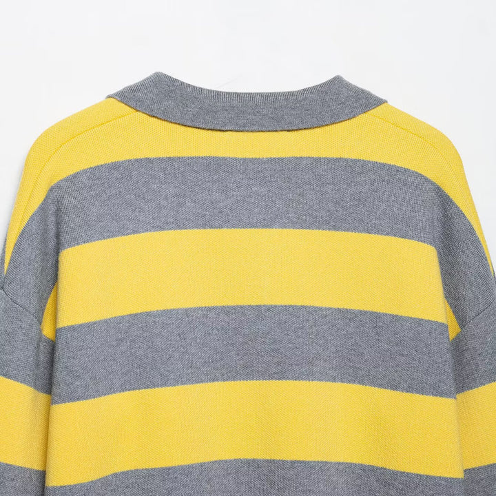 Damen Oversize Streifen-Rugby-Pullover mit offenem Polokragen und V-Ausschnitt Drune