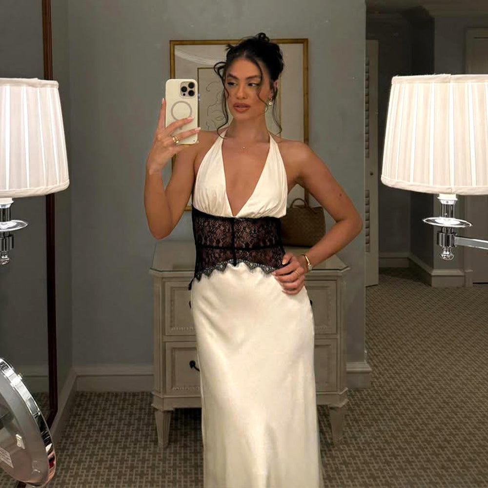 Damen Elegantes Maxikleid mit tiefem V-Ausschnitt und zarter Spitzenverzierung Drune