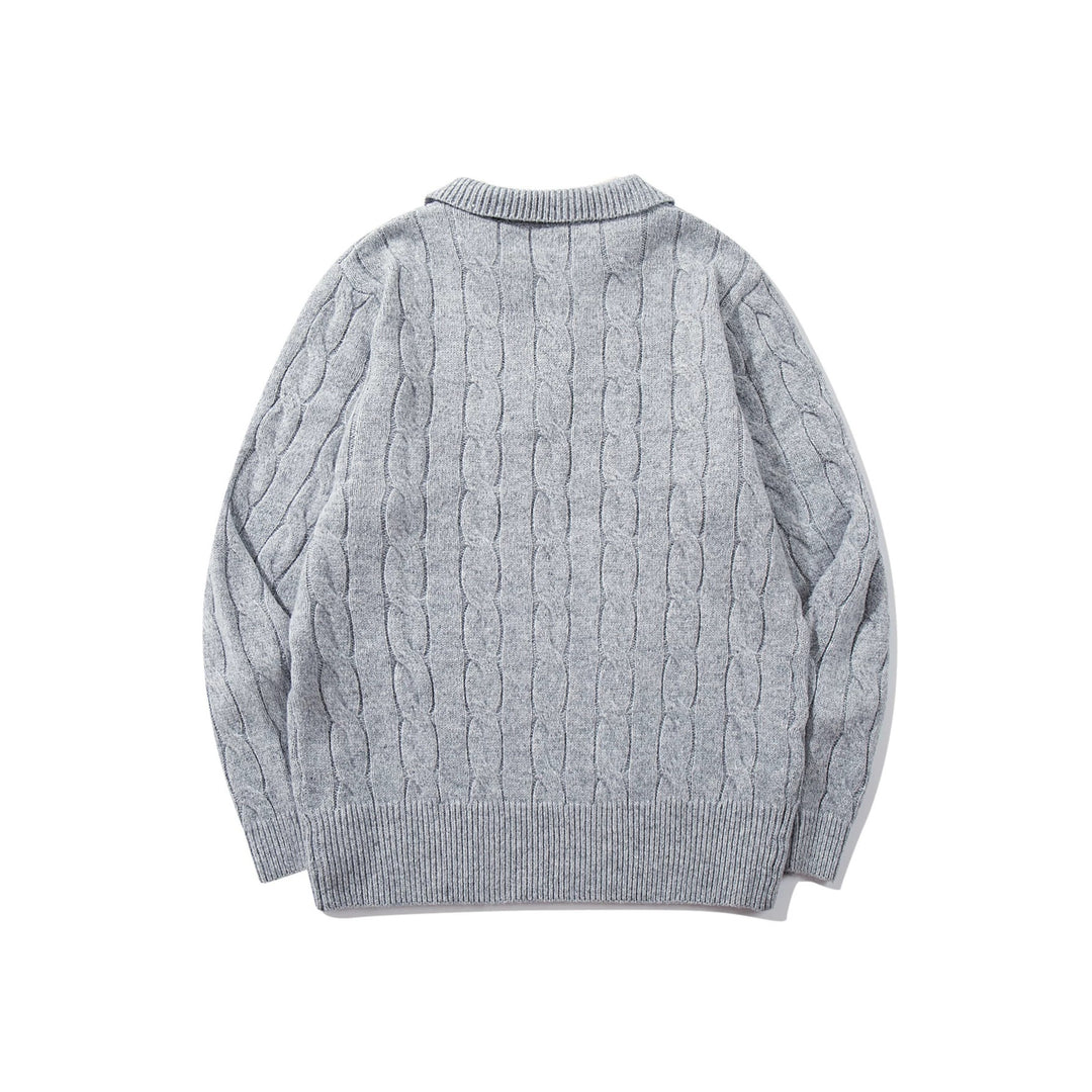 Unisex Strukturiertes Zopfstrick-Pullover mit Polokragen und tiefem V‑Ausschnitt Drune