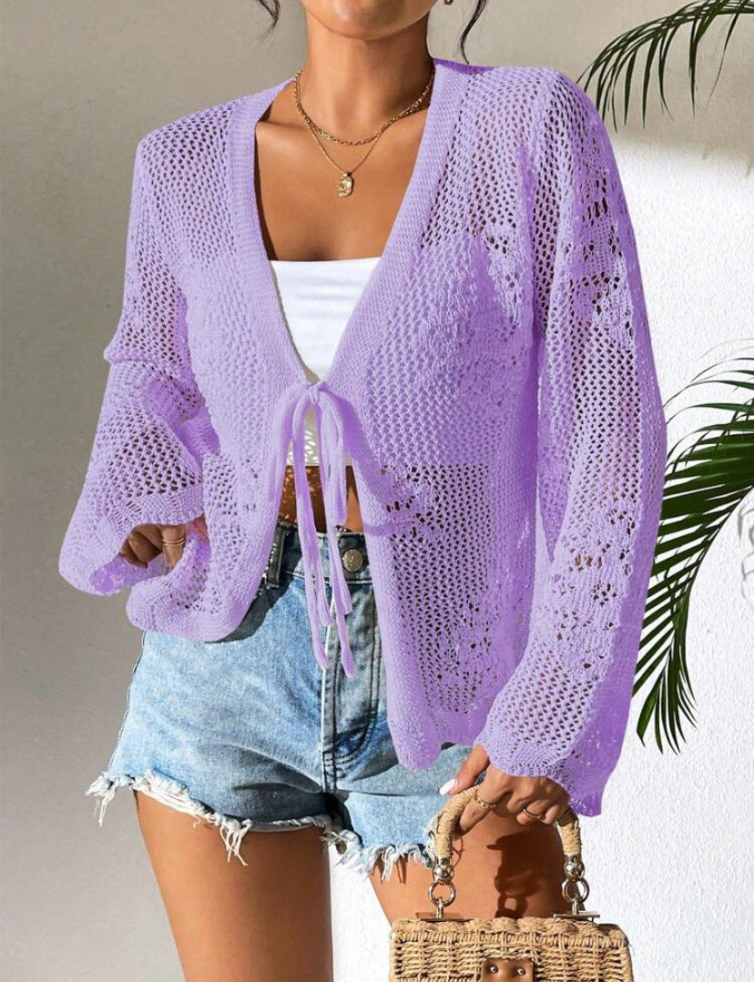 Damen Strickjacke mit luftiger Häkelstruktur und Bindeverschluss Drune