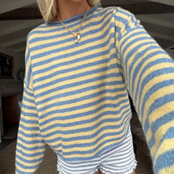 Damen Oversize Flauschiger Streifenpullover mit Boot-Ausschnitt Drune