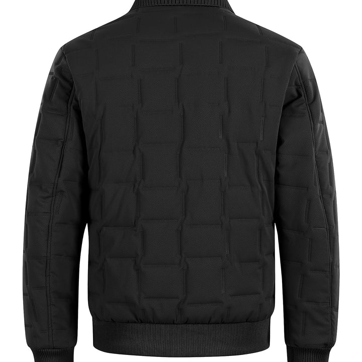 Herren Kurz geschnittene gesteppte Bomberjacke mit Rippenkragen, Druckknopfleiste und geometrischem Quilt Drune