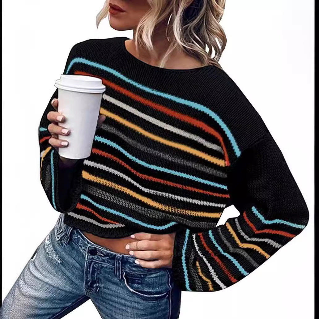 Damen lässiger Cropped Pullover mit trendigem Streifenmuster Drune