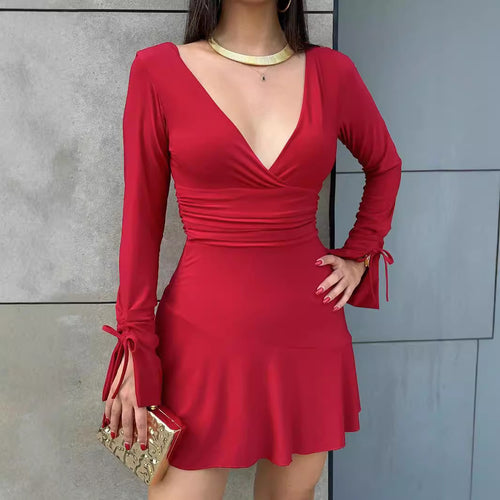 Damen Wickelkleid mit langen Ärmeln und elegante Schnürdetails Drune